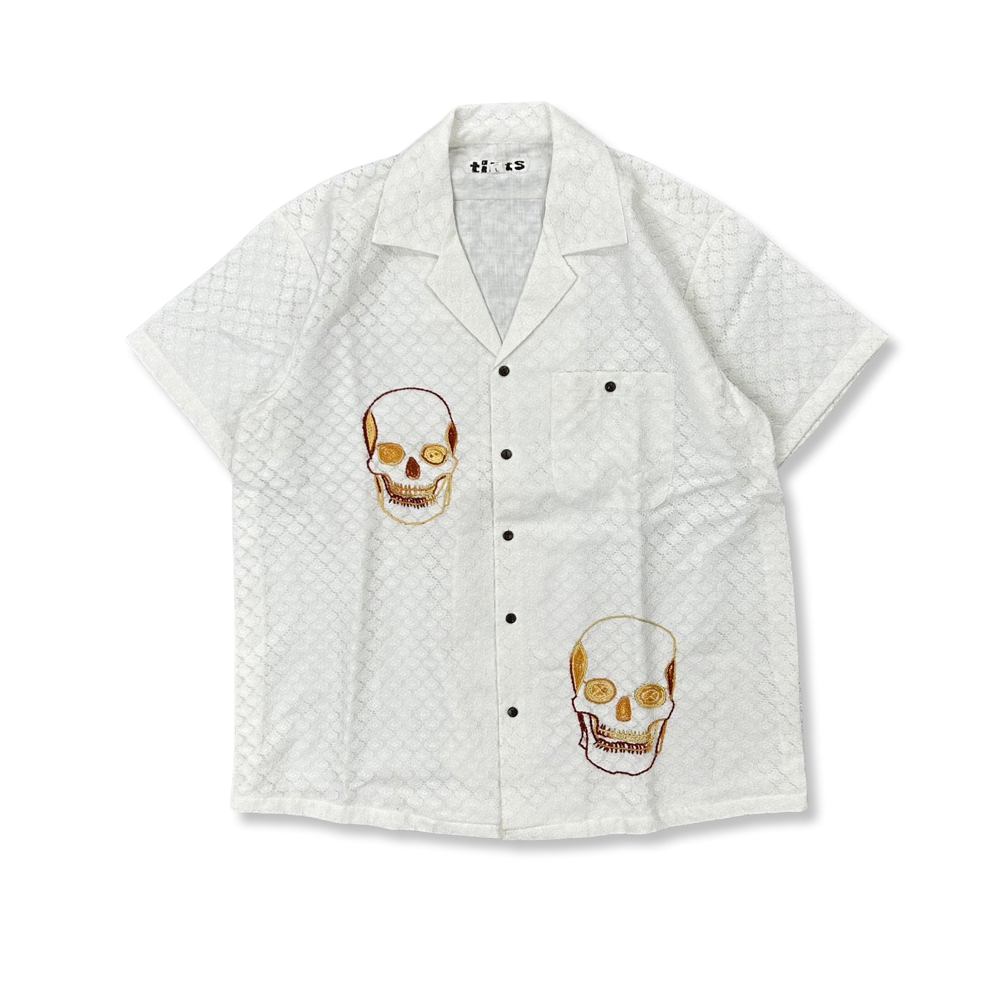 TINTS SKULL EMBROIDERED LACE BUTTON UP ‘WHITE / YELLOW’